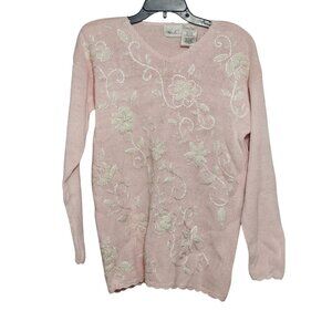 Vintage Kathie Lee Pink Floral Embroidered Sweater M Cotton Blend Grannycore